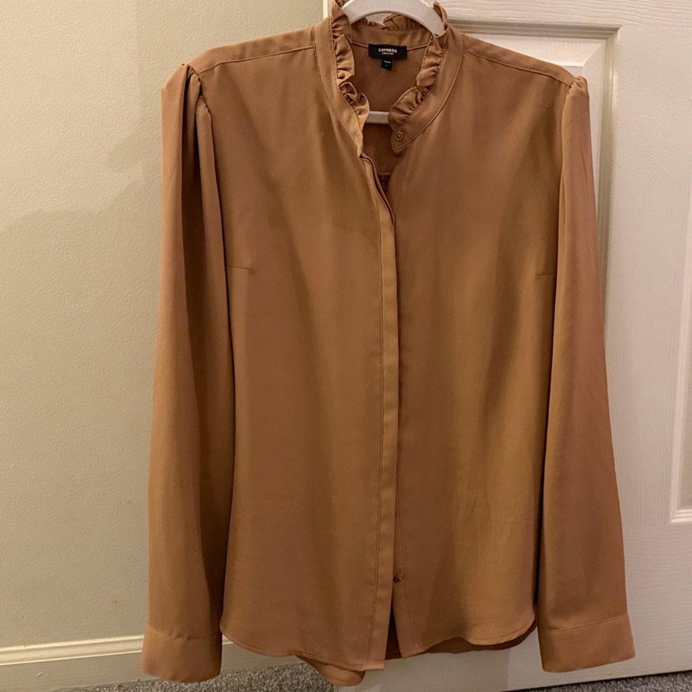 Express Women's Tan Blouse with Ruffled Collar